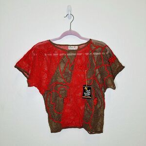 Lim's Vintage Hand Crocheted Cotton Abstract Flower Top Red Brown Pom Poms Small